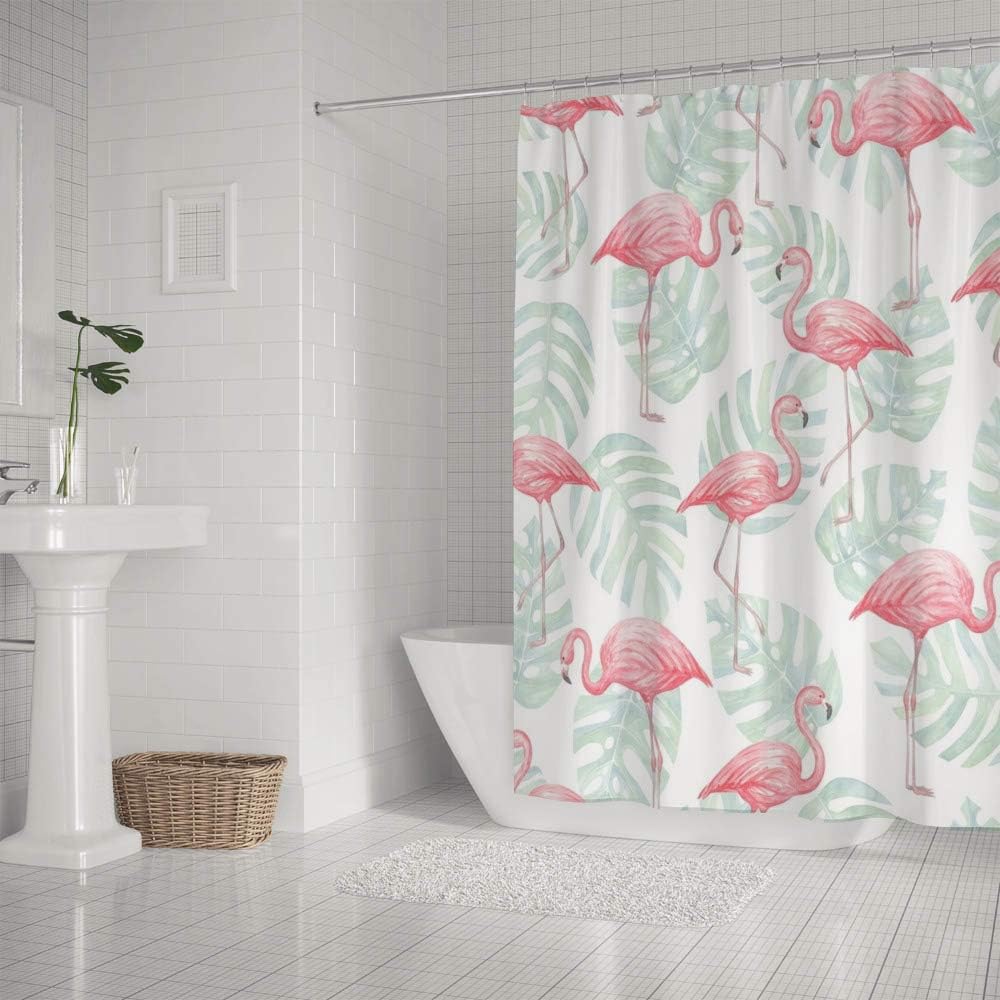 Flamingo and Leaves Watercolor Shower Curtain, Tropical Bathroom Decoration