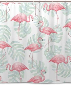 Flamingo and Leaves Watercolor Shower Curtain, Tropical Bathroom Decoration
