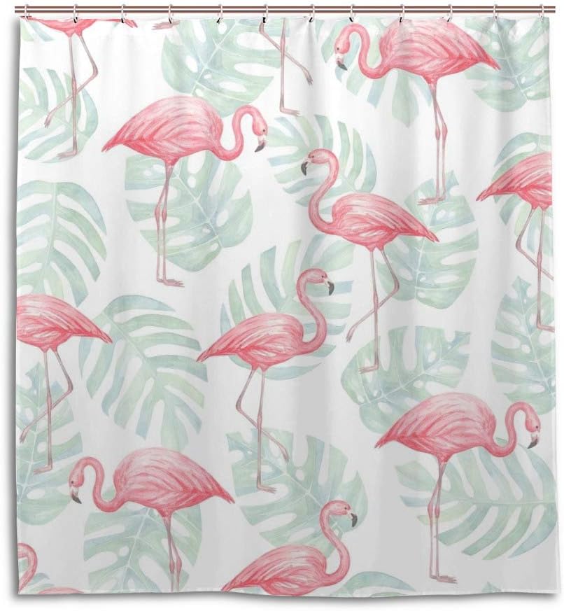 Flamingo and Leaves Watercolor Shower Curtain, Tropical Bathroom Decoration