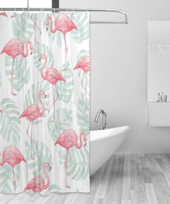 Flamingo and Leaves Watercolor Shower Curtain, Tropical Bathroom Decoration