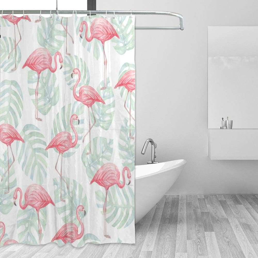 Flamingo and Leaves Watercolor Shower Curtain, Tropical Bathroom Decoration