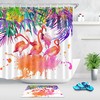 Flamingo and Palm Leaf Shower Curtain Set for a Tropical Bathroom