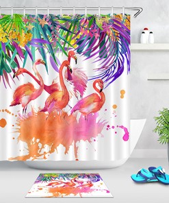 Flamingo and Palm Leaf Shower Curtain Set for a Tropical Bathroom