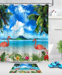 Flamingo and Palm Leaves Shower Curtain for Summer Beach Bathroom