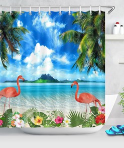 Flamingo and Palm Leaves Shower Curtain for Summer Beach Bathroom