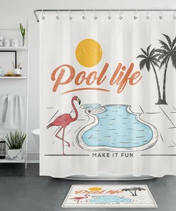 Flamingo and Palm Trees Print Shower Curtain for Summer Bathroom Decor