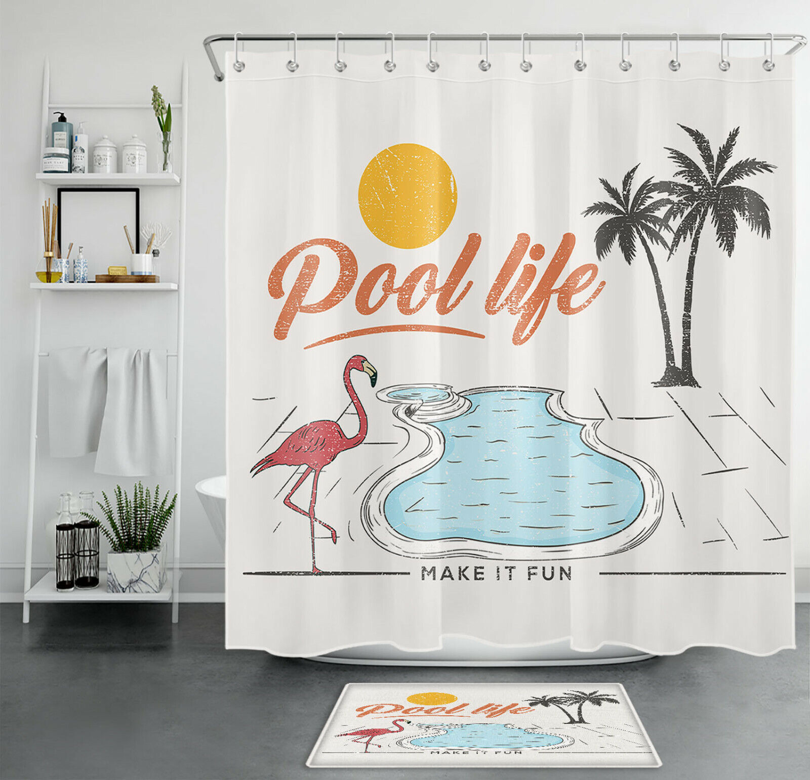 Flamingo and Palm Trees Print Shower Curtain for Summer Bathroom Decor