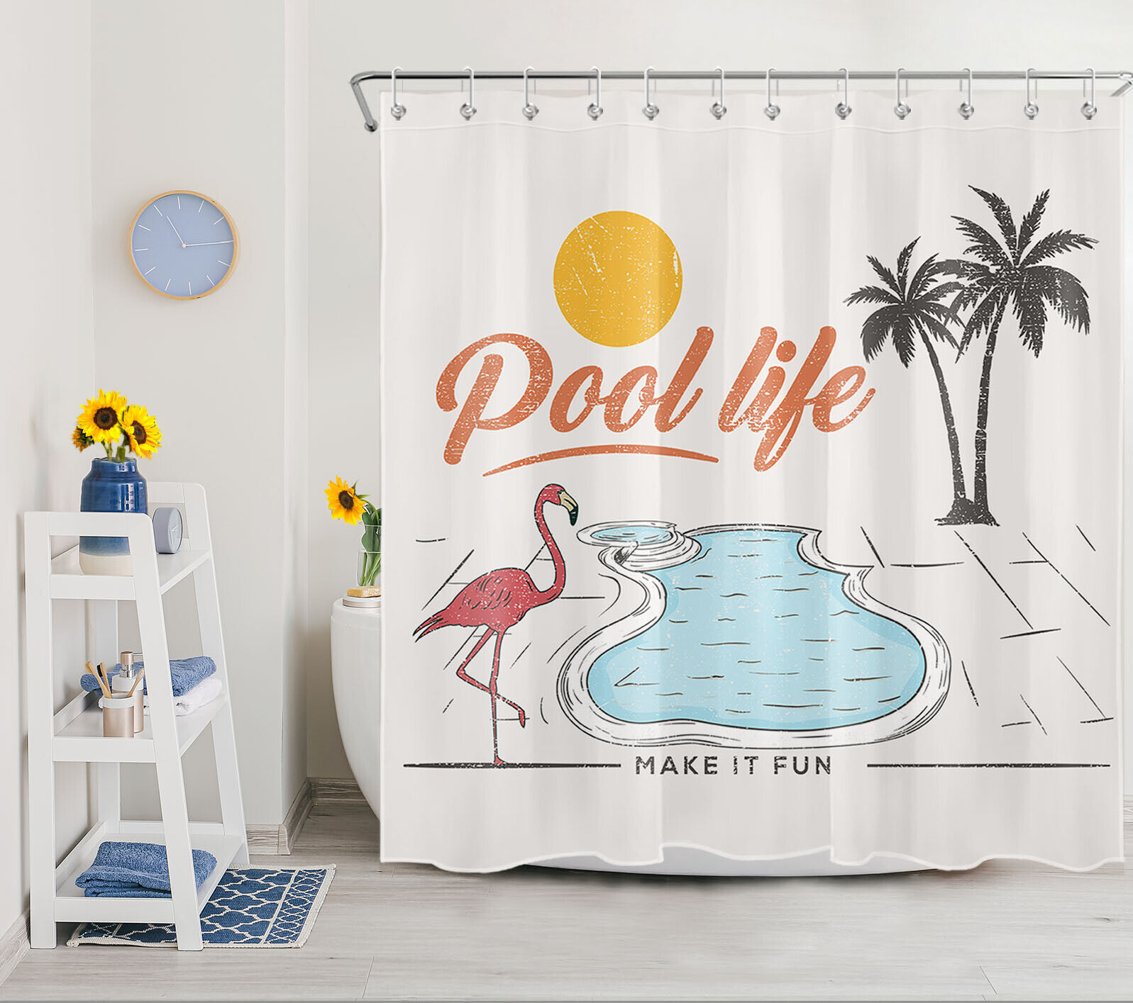 Flamingo and Palm Trees Print Shower Curtain for Summer Bathroom Decor