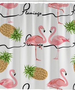 Flamingo and Pineapple Shower Curtain, Waterproof Bathroom Decor by Vantaso
