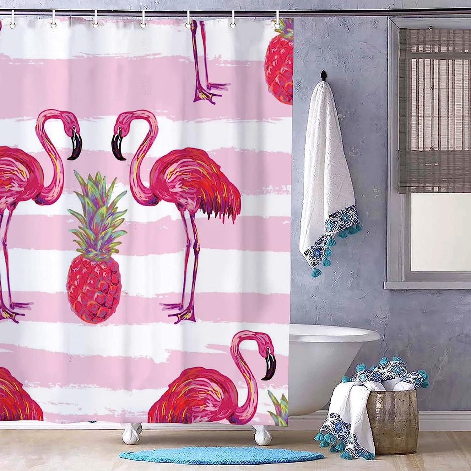 Flamingo and Pineapple Summer Print Shower Curtain for Bathroom Decor