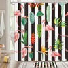 Flamingo and Tropical Leaves Striped Shower Curtain, Bathroom Decoration Fabric