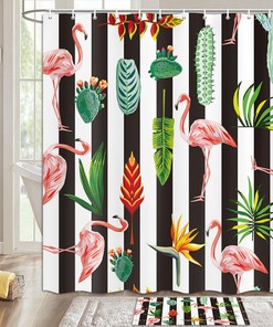 Flamingo and Tropical Leaves Striped Shower Curtain, Bathroom Decoration Fabric