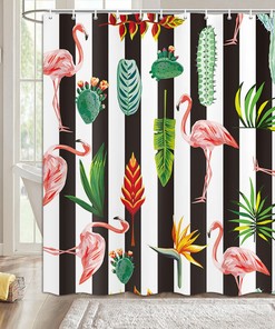 Flamingo and Tropical Leaves Striped Shower Curtain, Bathroom Decoration Fabric