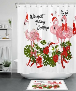 Flamingo with Santa Hat Christmas Shower Curtain