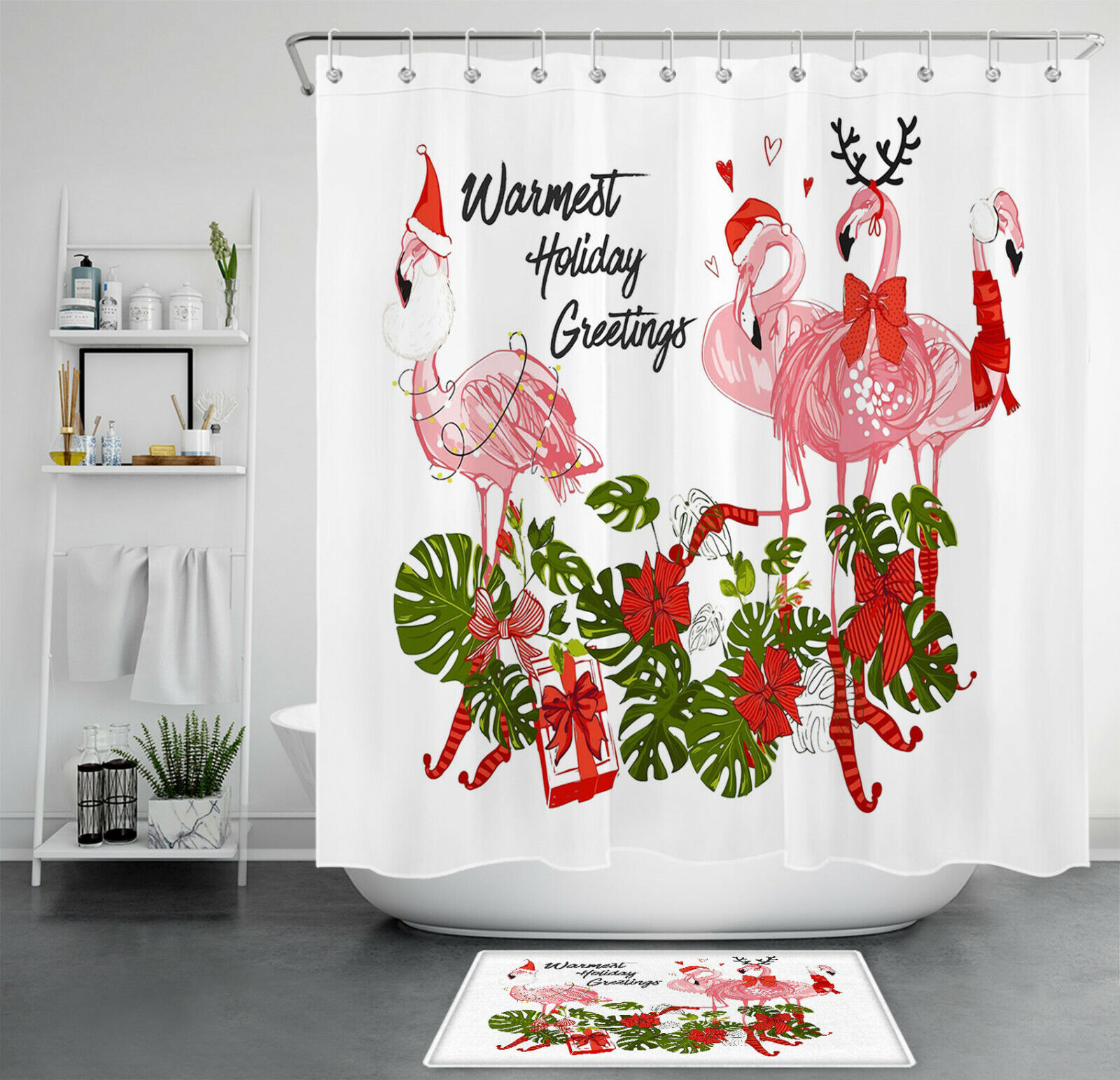 Flamingo with Santa Hat Christmas Shower Curtain