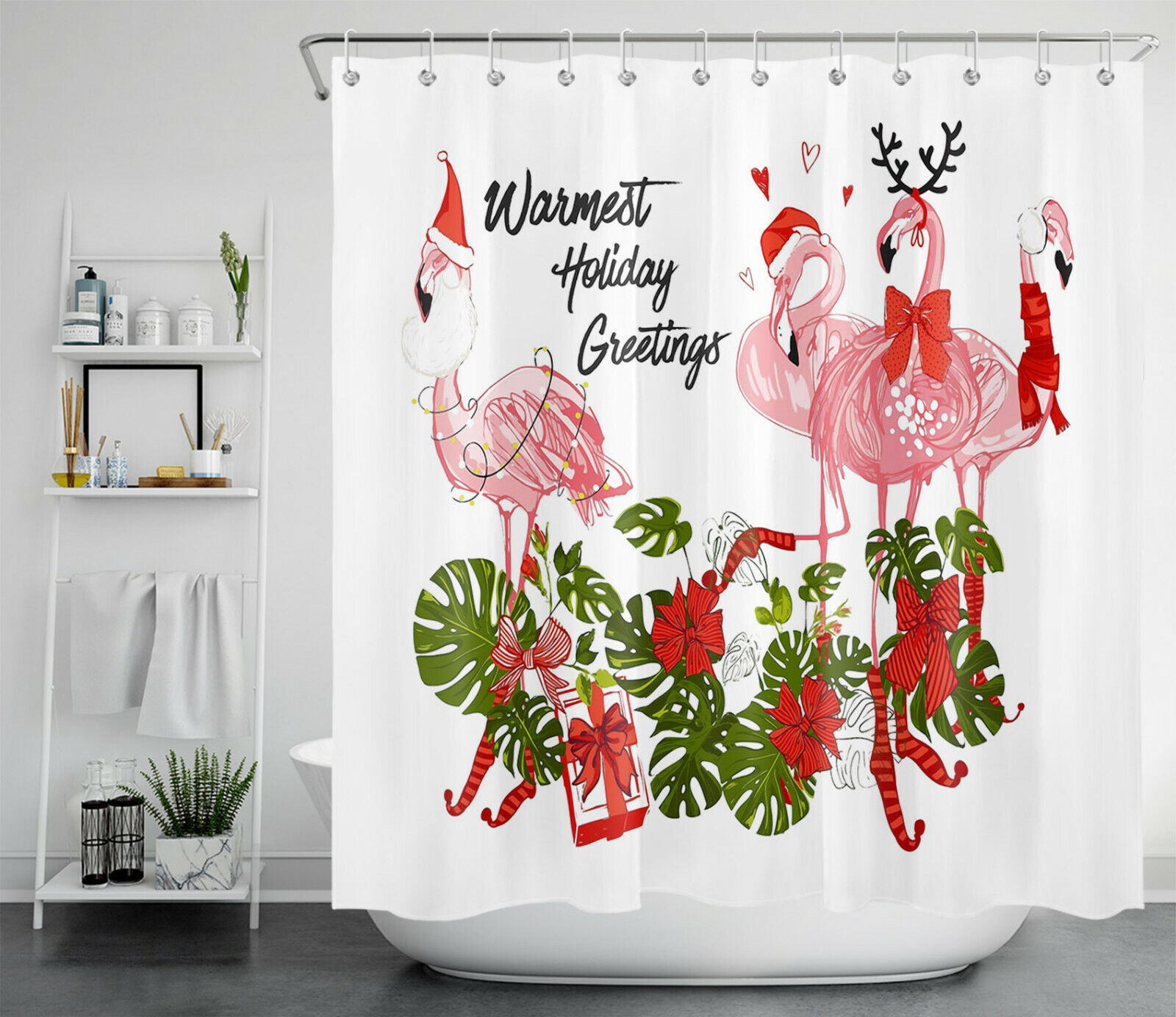 Flamingo with Santa Hat Christmas Shower Curtain