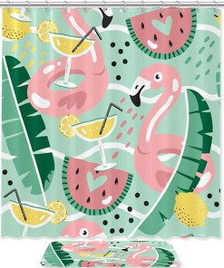 Flamingos And Leaves With A Sweet Watermelon Twist On Shower Curtain - Waterproof Fabric Bathroom Curtain