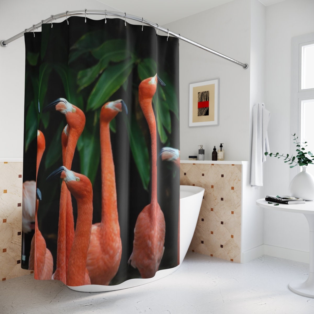 Flamingos And Tropical Leaves Shower Curtain For Nature-Inspired Bathroom Decor