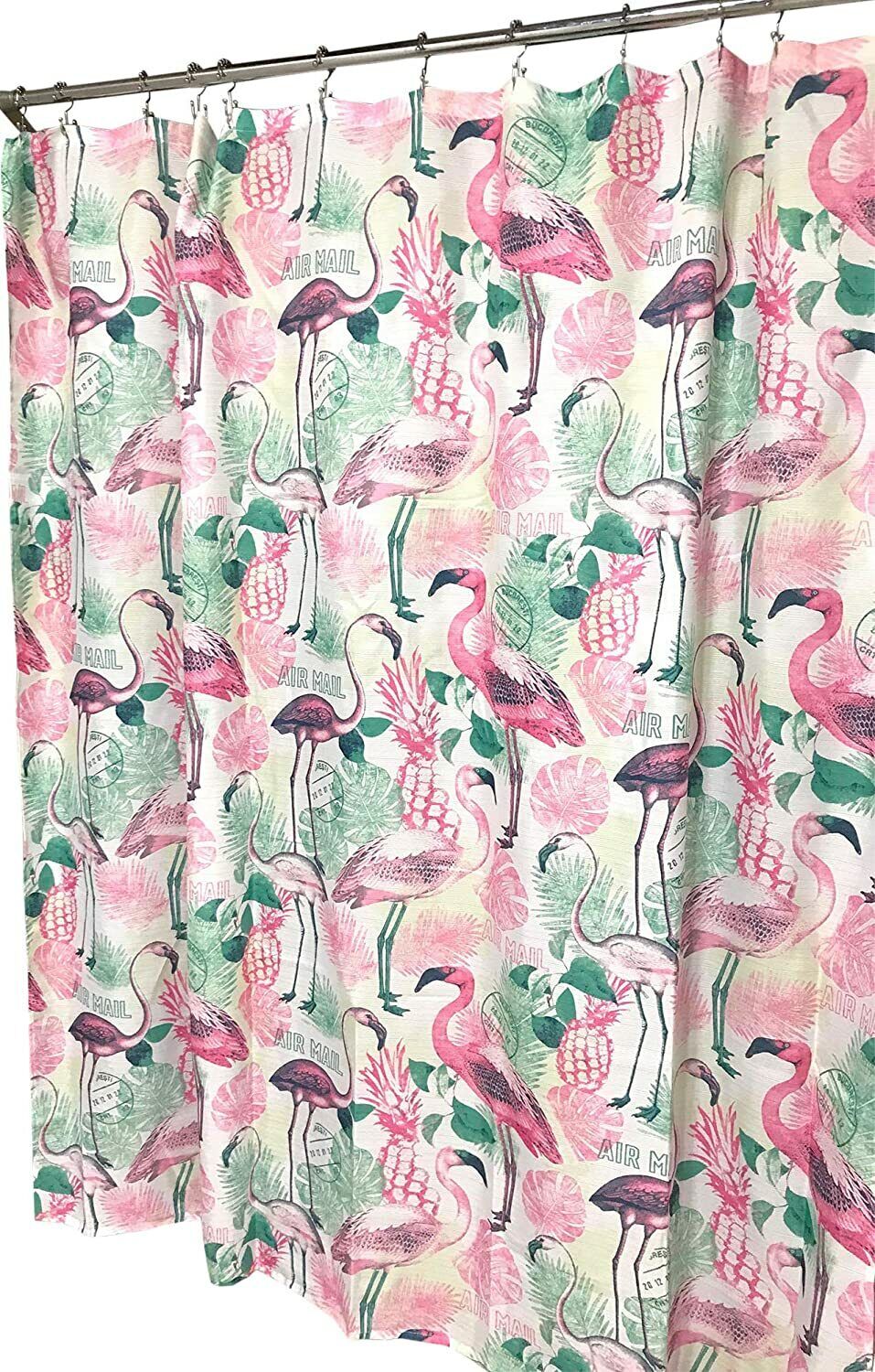 Flamingos Pineapples and Palm Leaves Print Shower Curtain