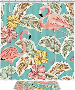 Flamingos With Leaves Floral Bathroom Shower Curtain - Waterproof Bath Curtain For Stylish Bathroom