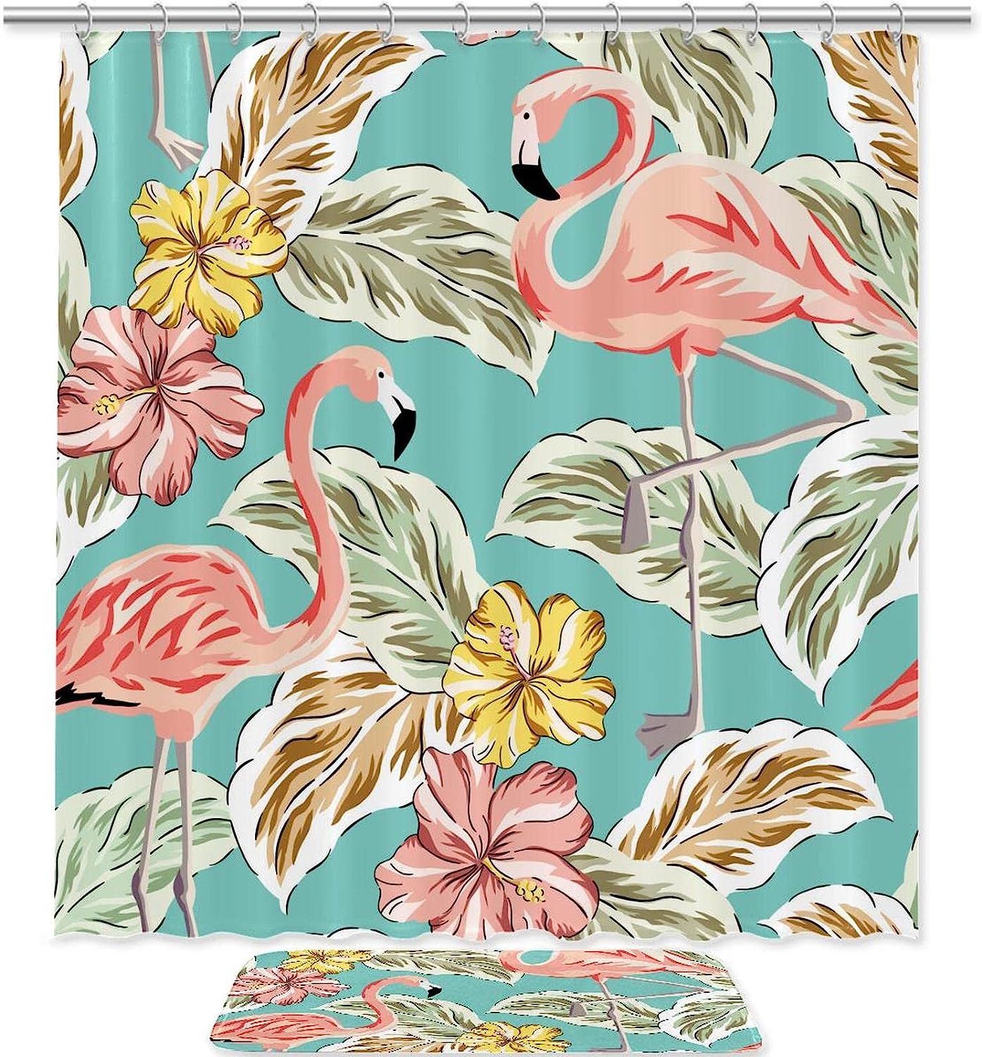 Flamingos With Leaves Floral Bathroom Shower Curtain - Waterproof Bath Curtain For Stylish Bathroom