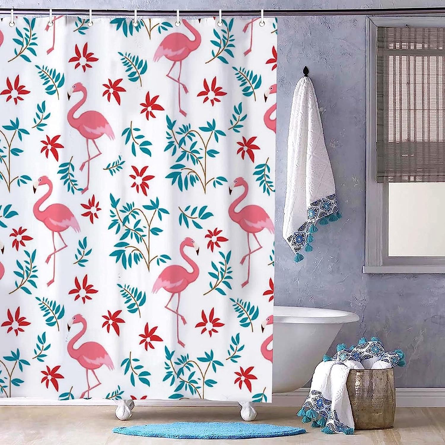Flamingos and Flowers Painting Art Shower Curtain - Waterproof Bath Accessory for Decorative Bathroom by WengBeauty