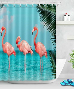 Flamingos and Green Palm Leaves Tropical Ocean Shower Curtain, for Bathroom Bathtub 