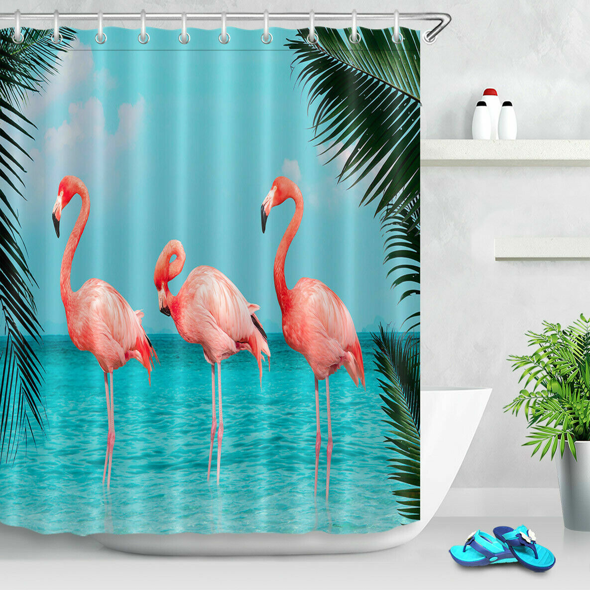 Flamingos and Green Palm Leaves Tropical Ocean Shower Curtain, for Bathroom Bathtub