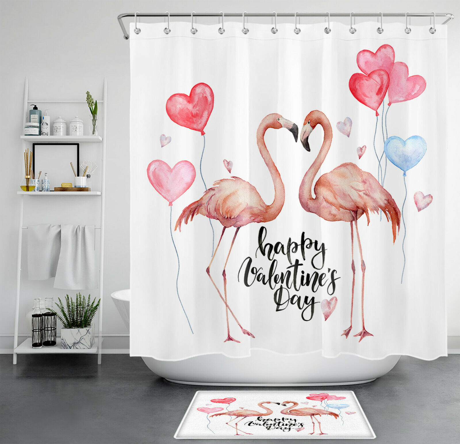 Flamingos and Love Balloons on Shower Curtain for Bathroom Decor