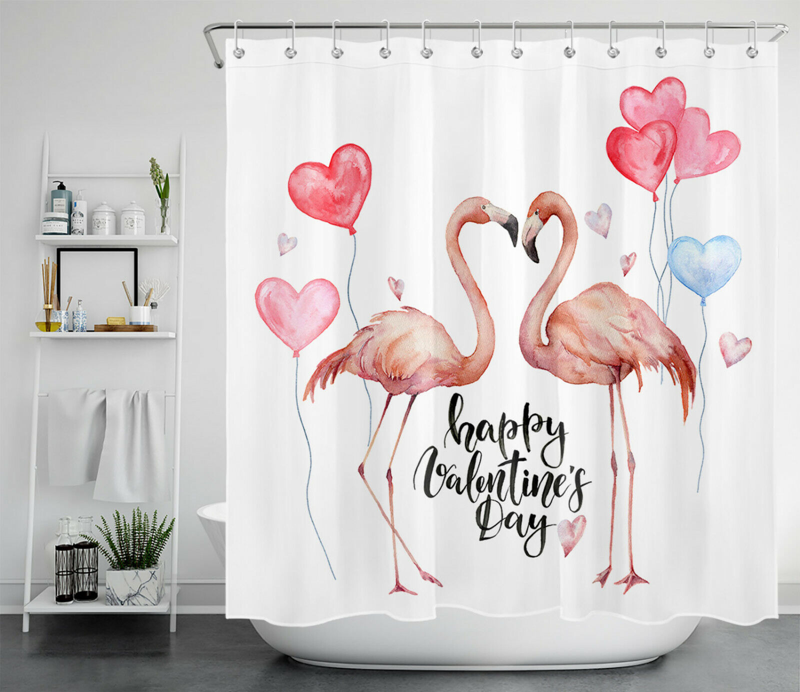 Flamingos and Love Balloons on Shower Curtain for Bathroom Decor