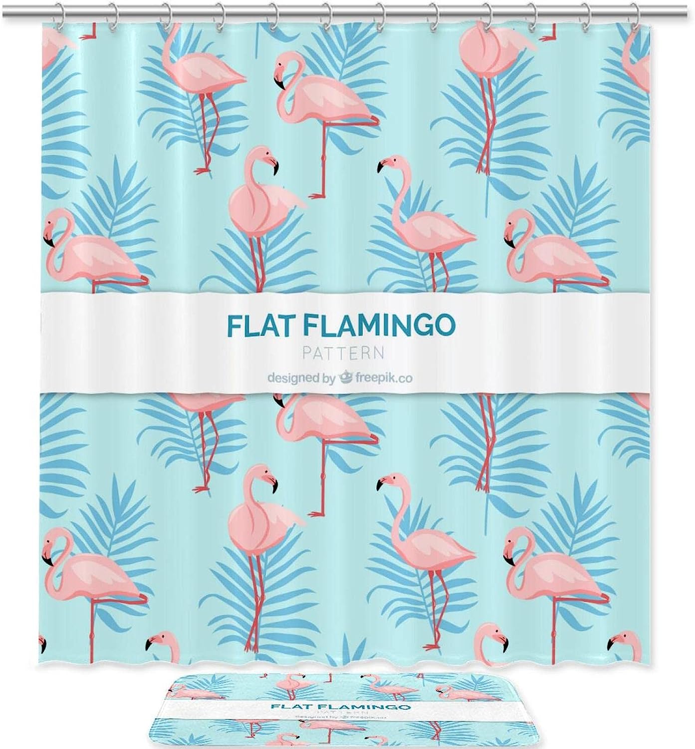 Flat Flamingos Shower Curtain - Waterproof Fabric Bathroom Curtain With Tropical Flair