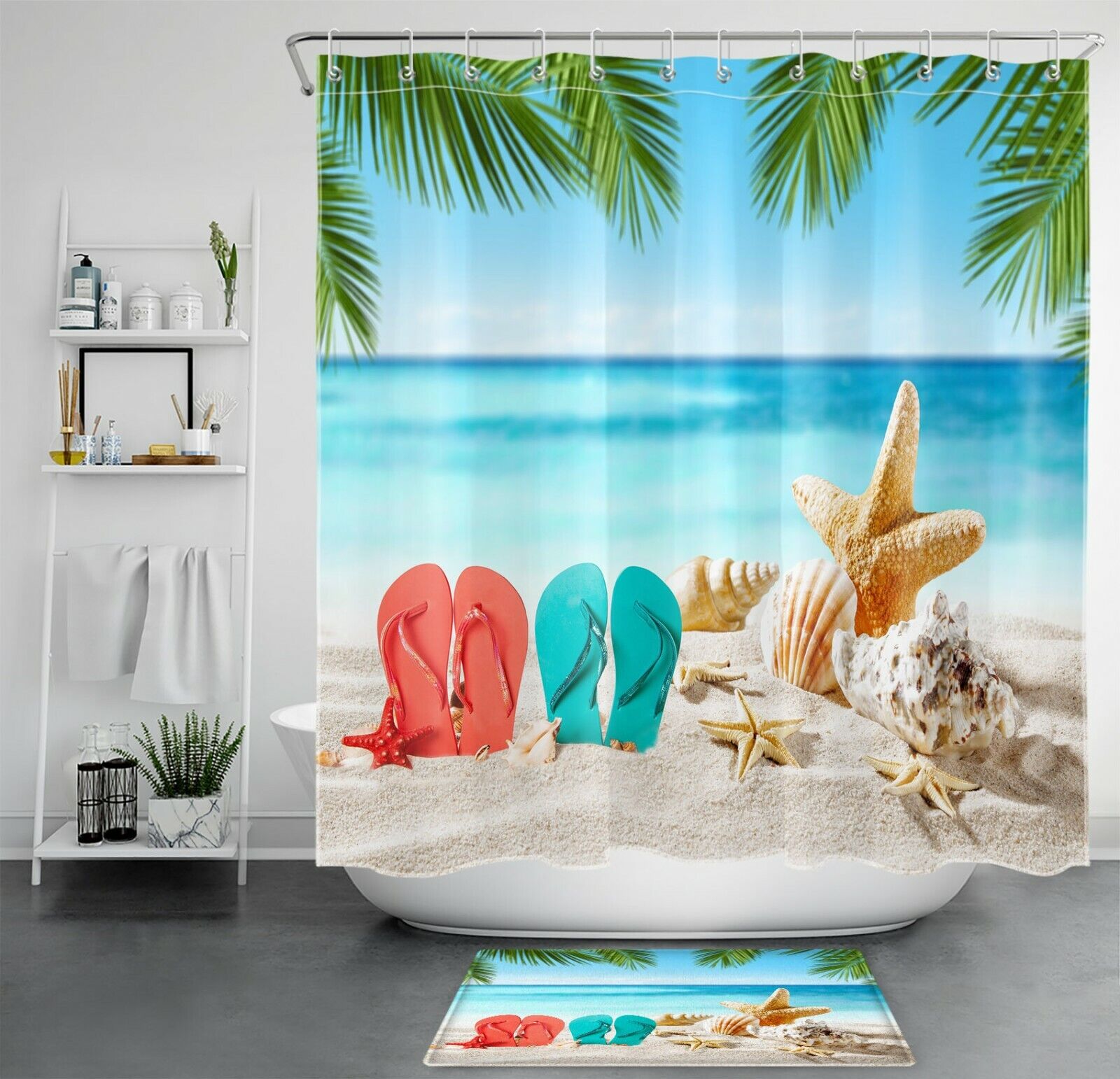 Flip Flops, Starfish, And Palm Leaves Shower Curtain - Embrace Summer All Year Long In Your Bathroom