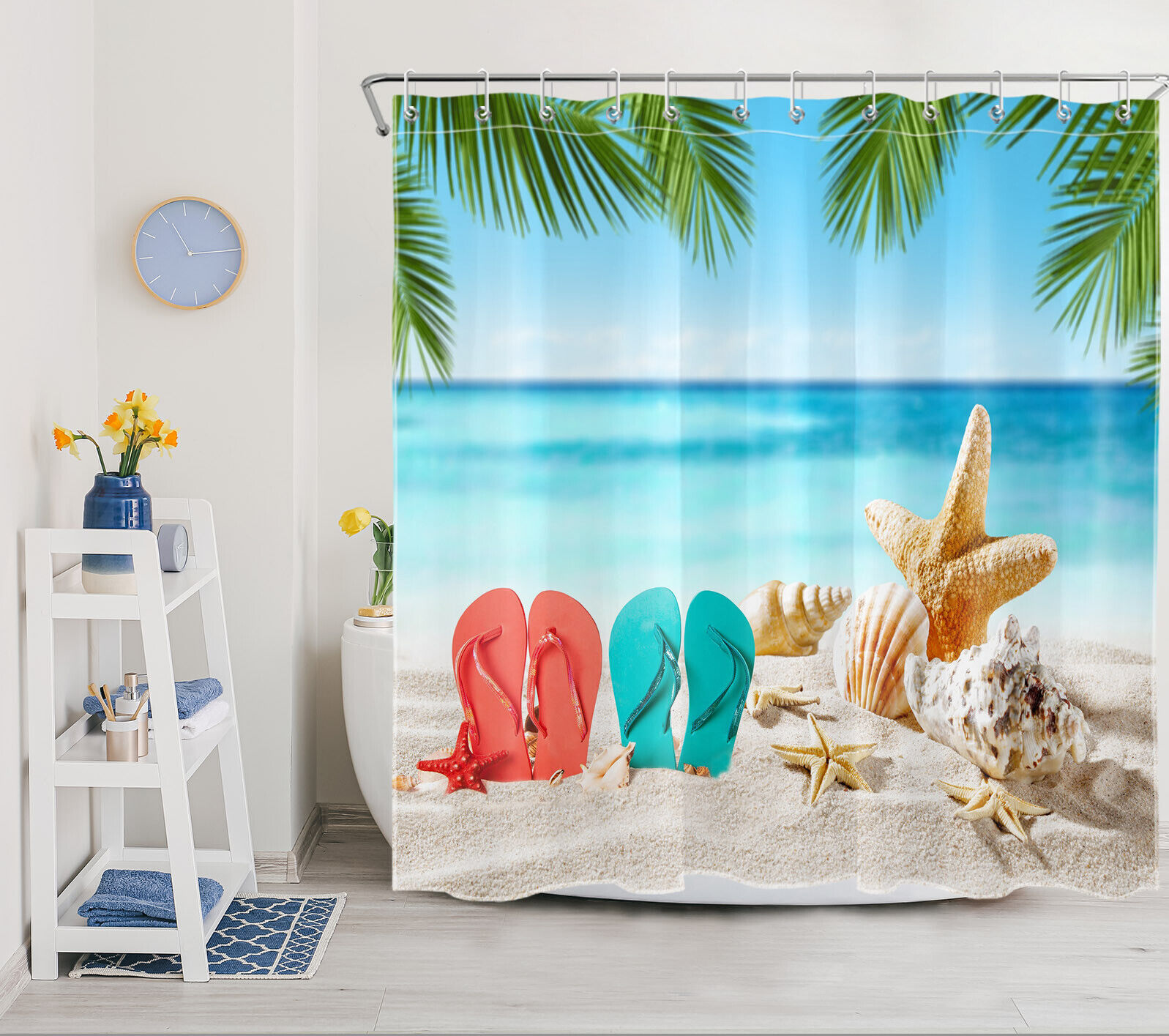 Flip Flops, Starfish, And Palm Leaves Shower Curtain - Embrace Summer All Year Long In Your Bathroom