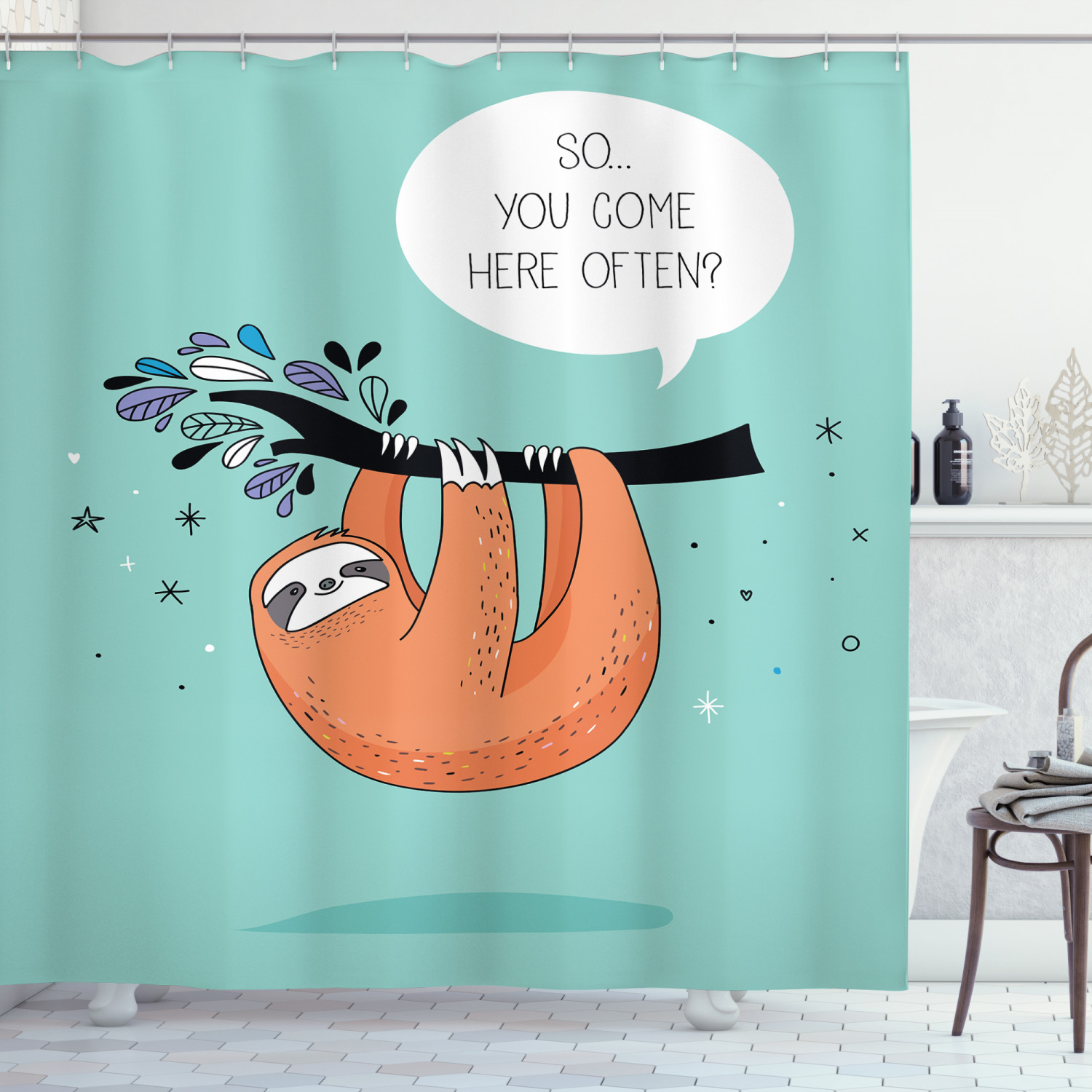 Flirty Sloth Cartoon Print Animal Shower Curtain For Kids Bathroom - Image 3