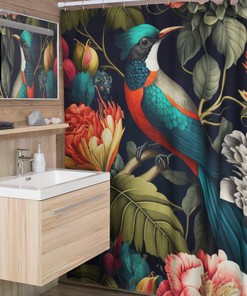 Flora Garden and Sunbird Shower Curtain, Home Decor Bathroom Decor