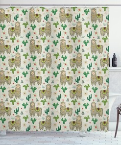 Flora and Fauna Motifs Llama Shower Curtain - Botanical Nature Bathroom Curtain with Animal Print
