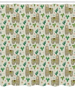 Flora and Fauna Motifs Llama Shower Curtain - Botanical Nature Bathroom Curtain with Animal Print