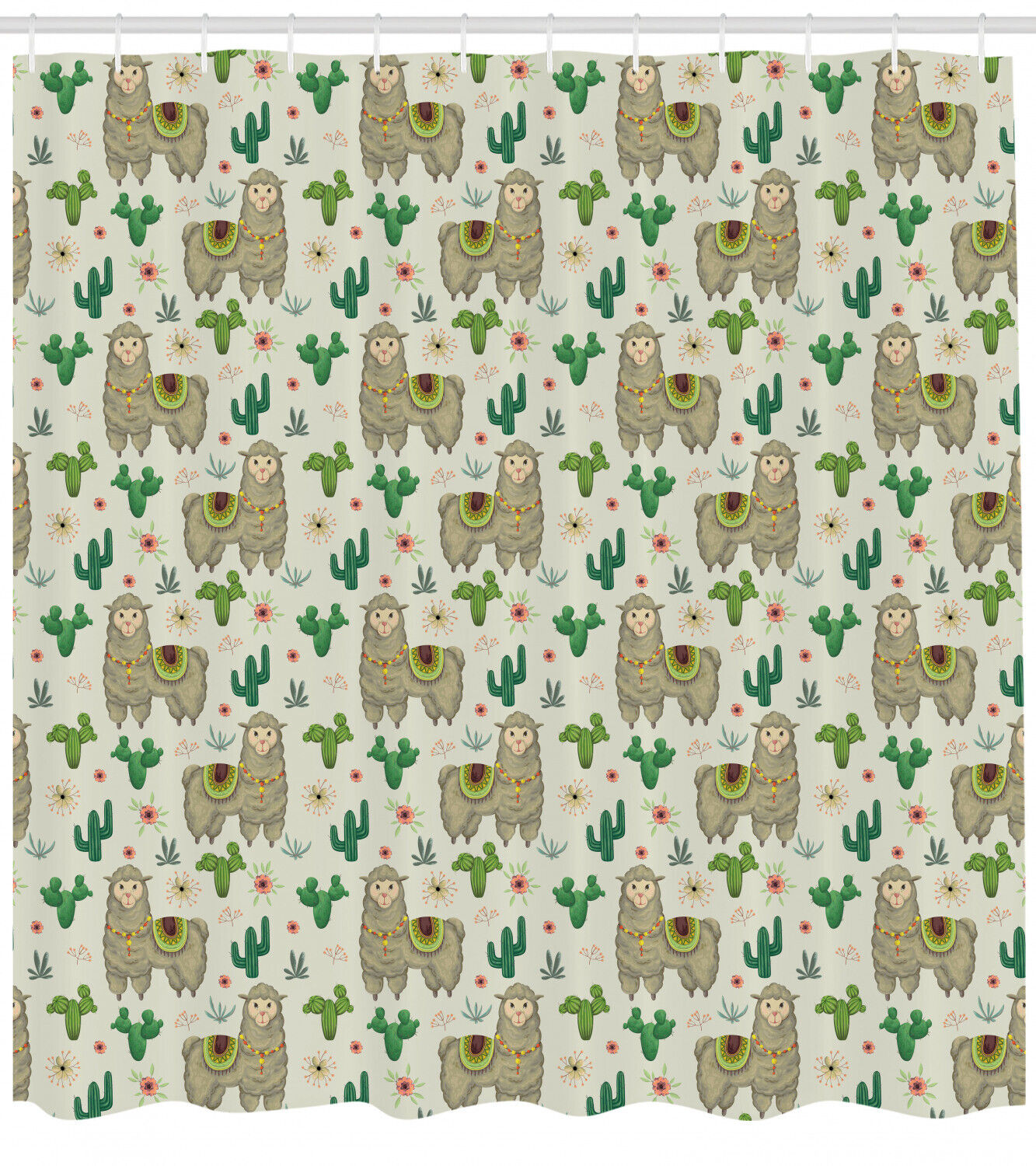 Flora and Fauna Motifs Llama Shower Curtain - Botanical Nature Bathroom Curtain with Animal Print
