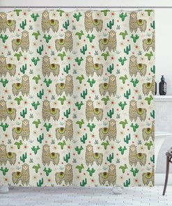 Flora and Fauna Motifs Llama Shower Curtain - Botanical Nature Bathroom Curtain with Animal Print