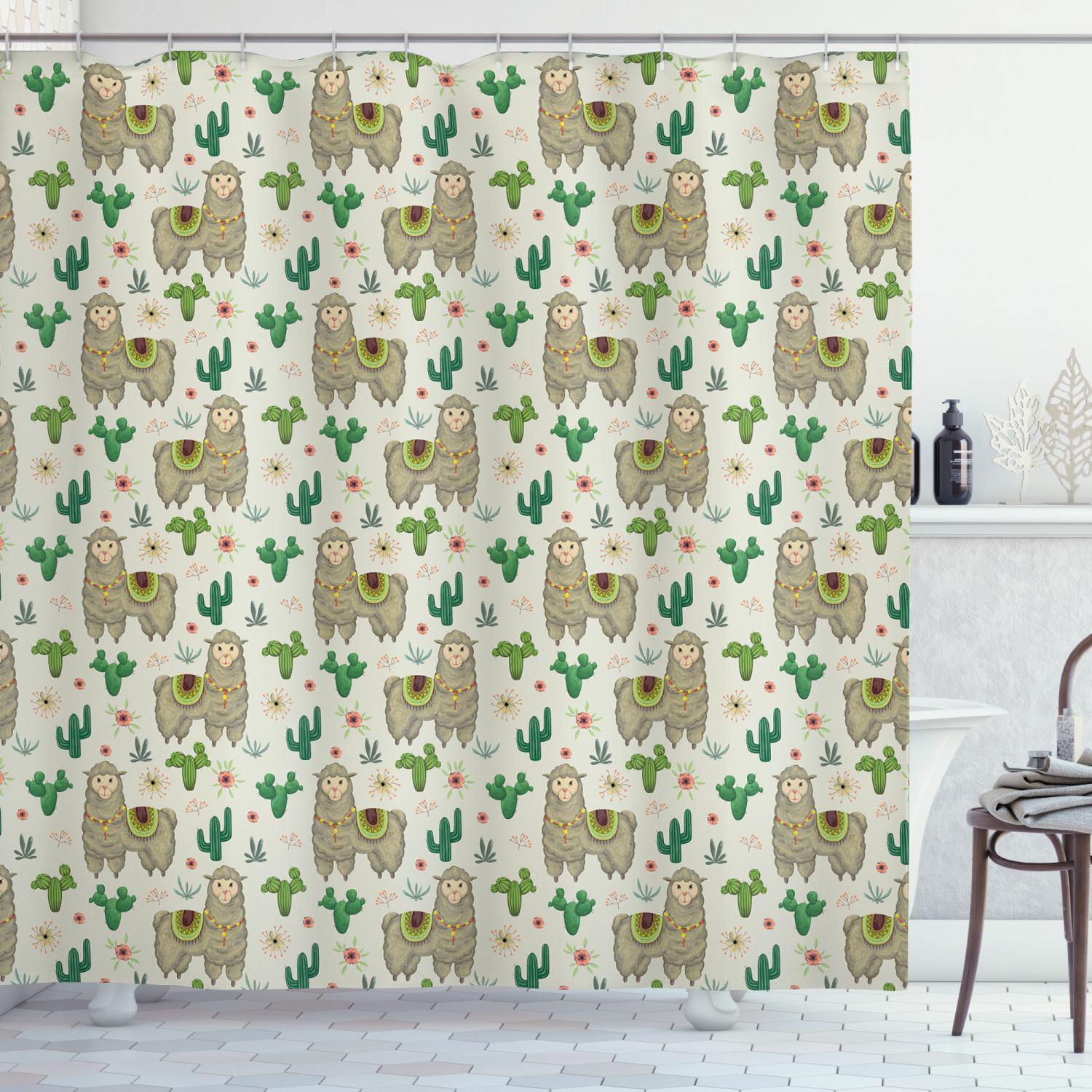 Flora and Fauna Motifs Llama Shower Curtain - Botanical Nature Bathroom Curtain with Animal Print