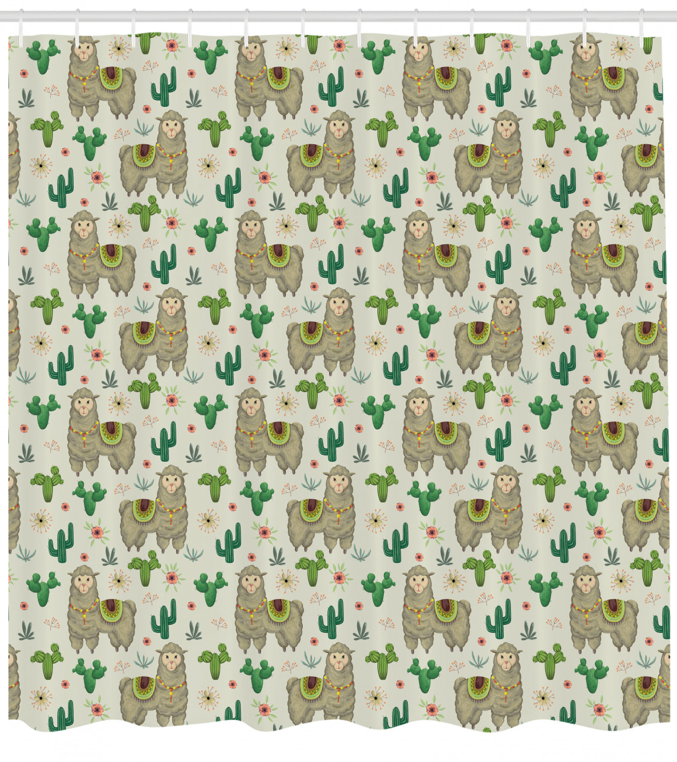 Flora and Fauna Motifs Llama Shower Curtain - Botanical Nature Bathroom Curtain with Animal Print