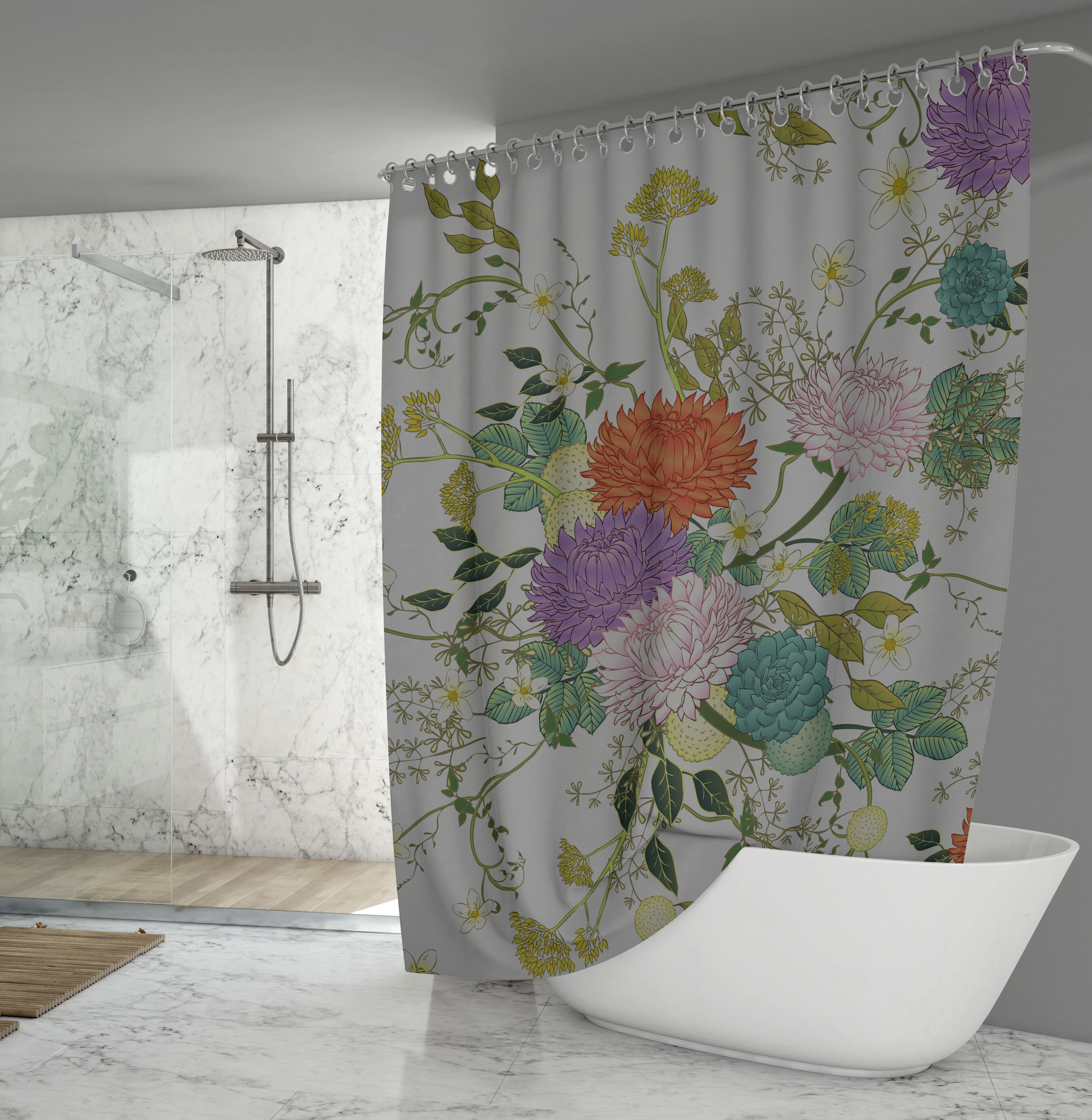 Floral Abstract Hand-Drawn Pattern Shower Curtain - Modern Bathroom Must-Have