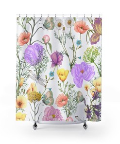 Floral And Butterfly Print Boho Fabric Shower Curtain For Bathroom Decor