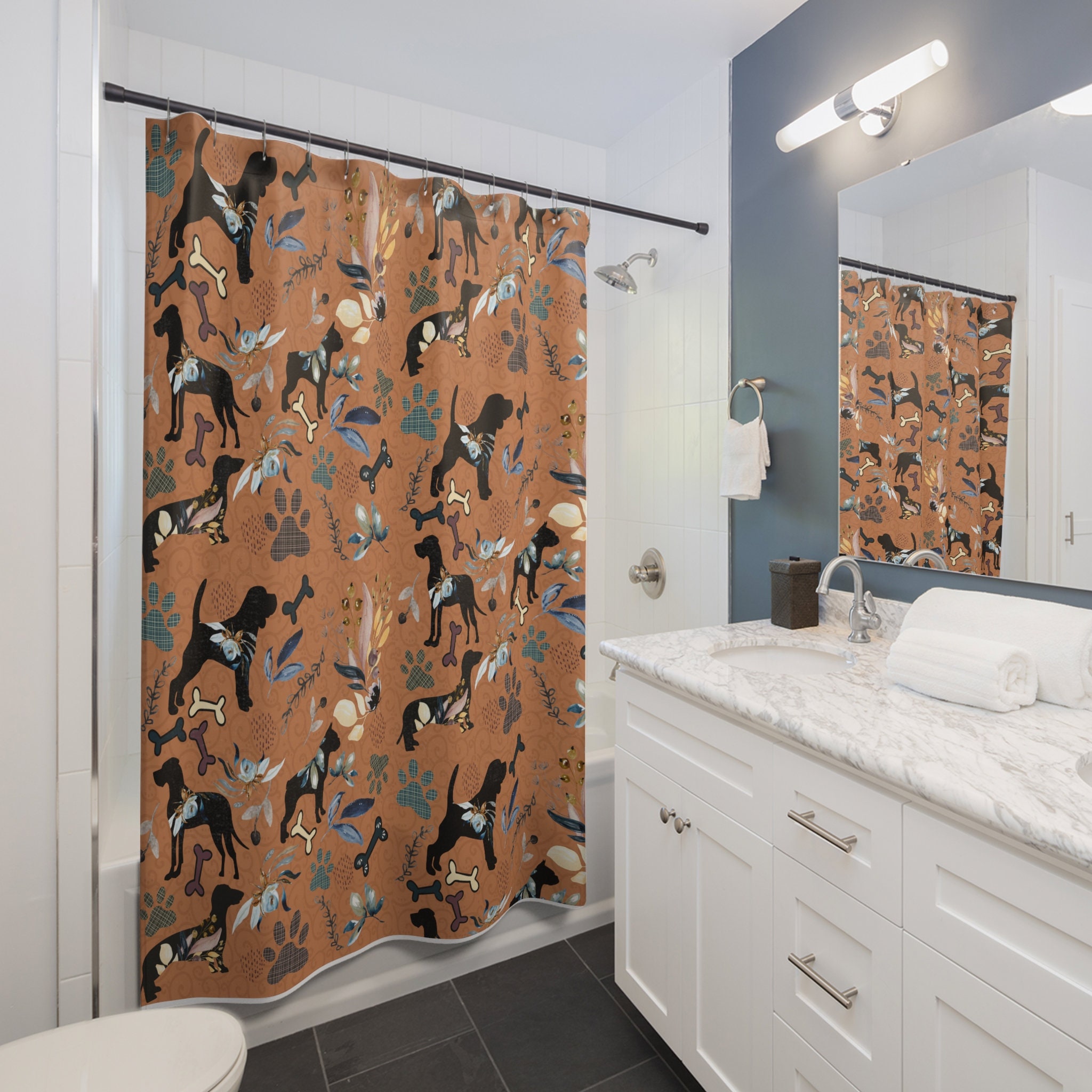 Floral And Cute Dog Shower Curtain For Housewarming Bathroom Gifts