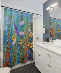 Floral Bathroom Accent with Wildflowers Dragonfly and Bee Painting Design Shower Curtain
