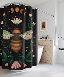 Floral Bee Dark Boho Print Shower Curtain For Botanical Bathroom Decor