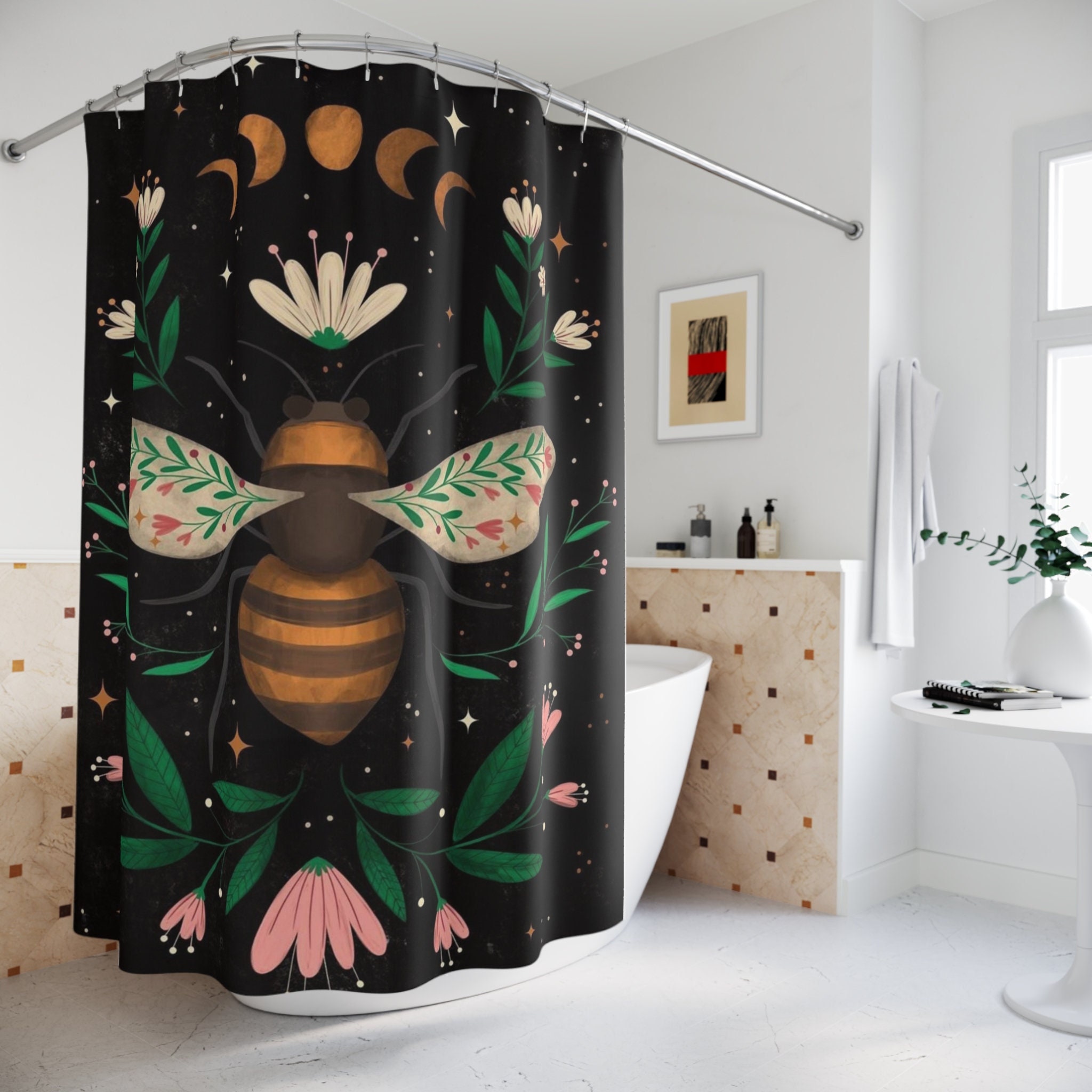 Floral Bee Dark Boho Print Shower Curtain For Botanical Bathroom Decor