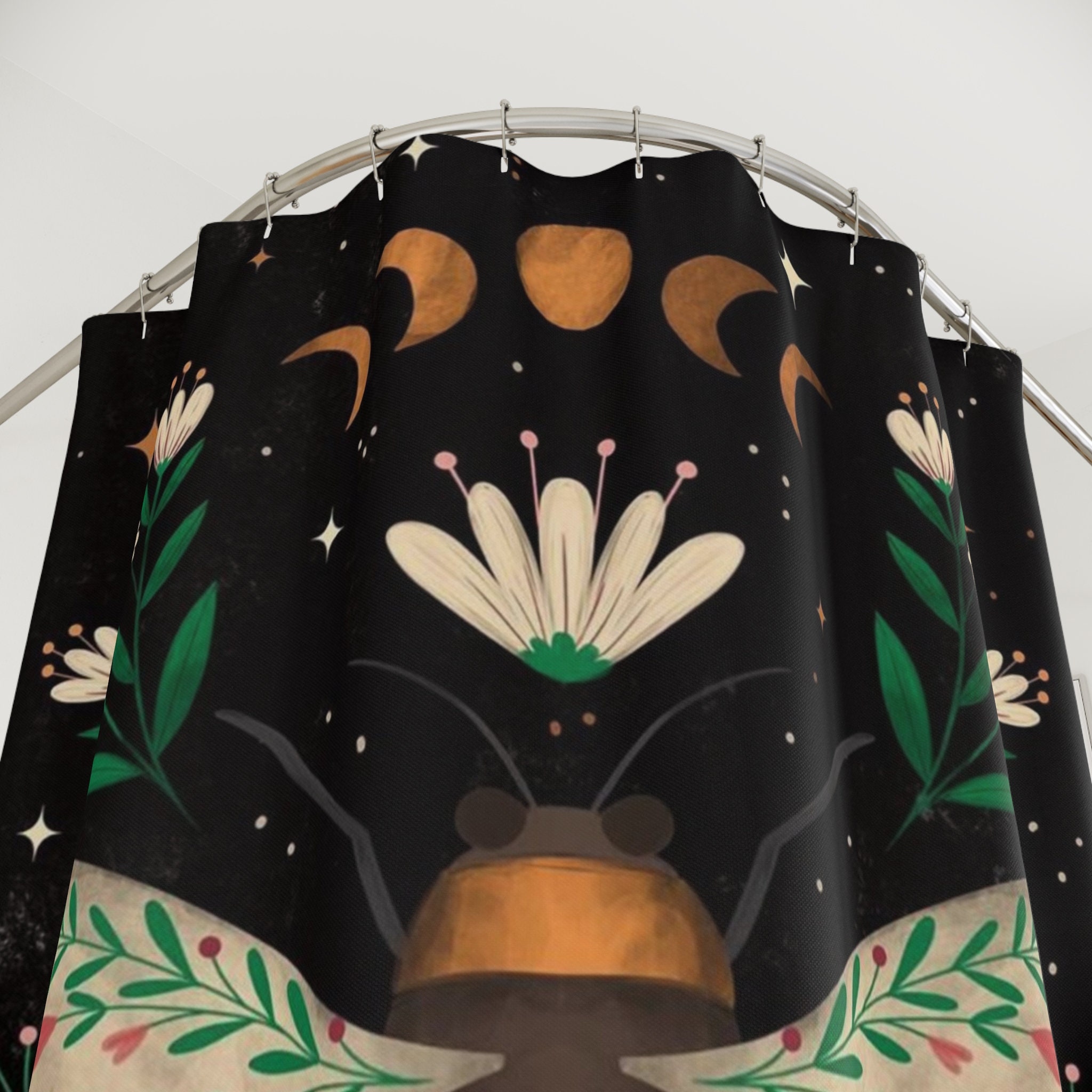 Floral Bee Dark Boho Print Shower Curtain For Botanical Bathroom Decor - Image 2