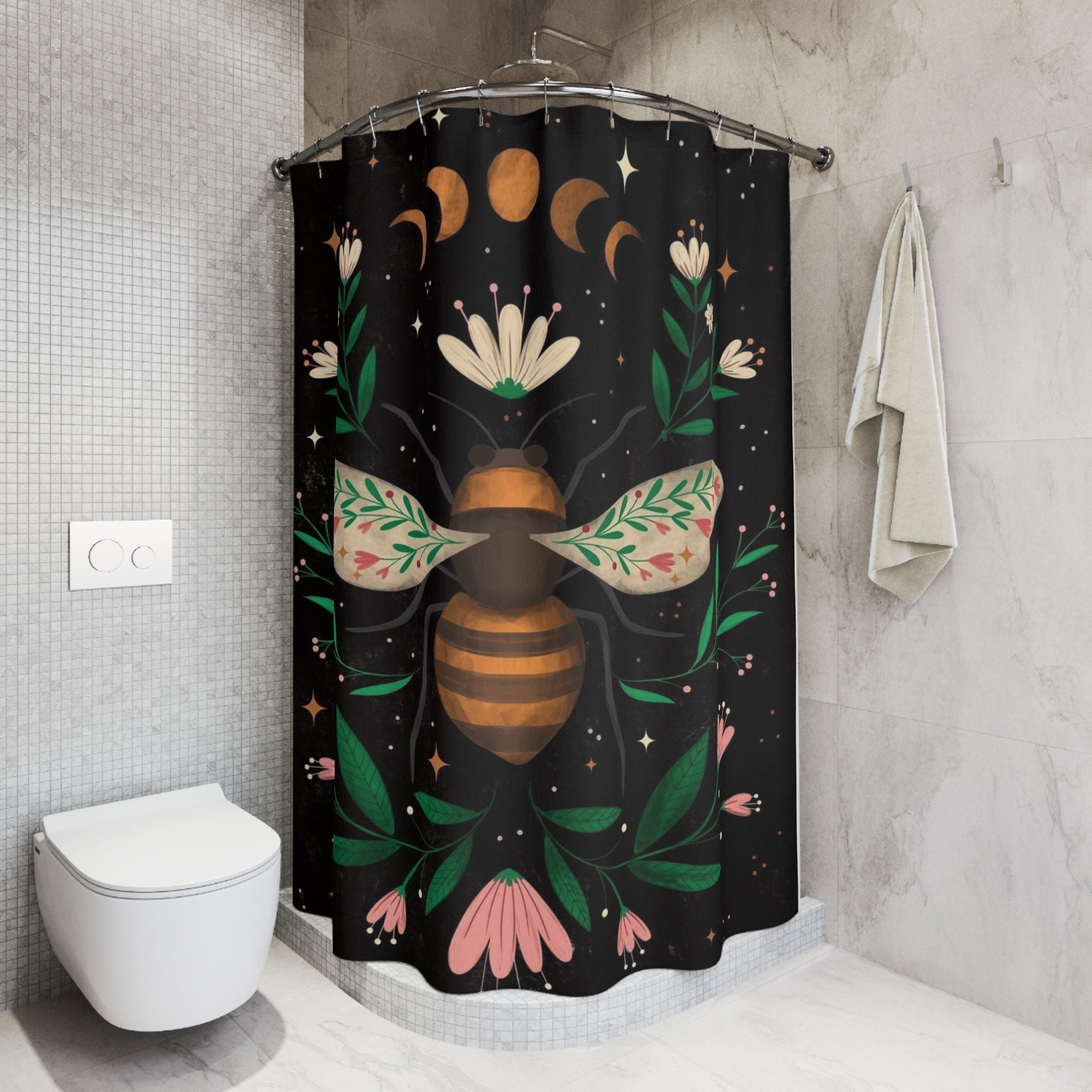 Floral Bee Dark Boho Print Shower Curtain For Botanical Bathroom Decor - Image 3