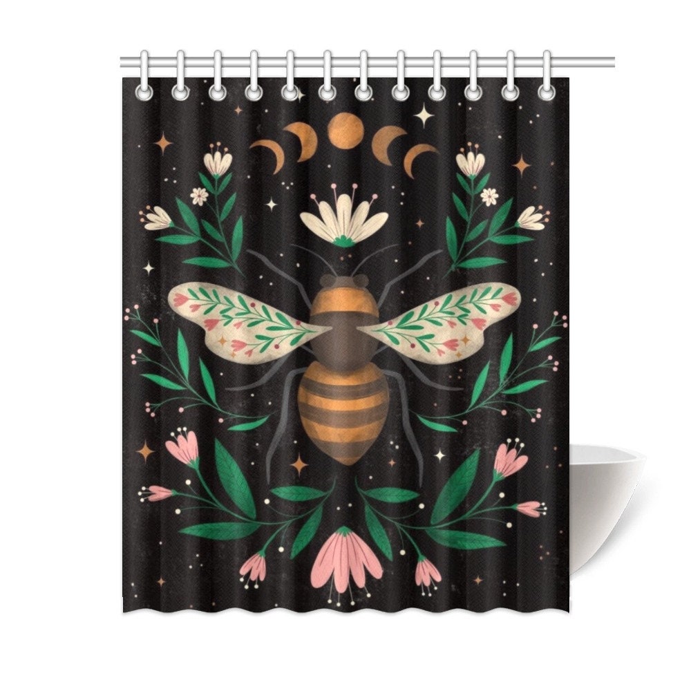 Floral Bee Dark Boho Print Shower Curtain For Botanical Bathroom Decor - Image 4